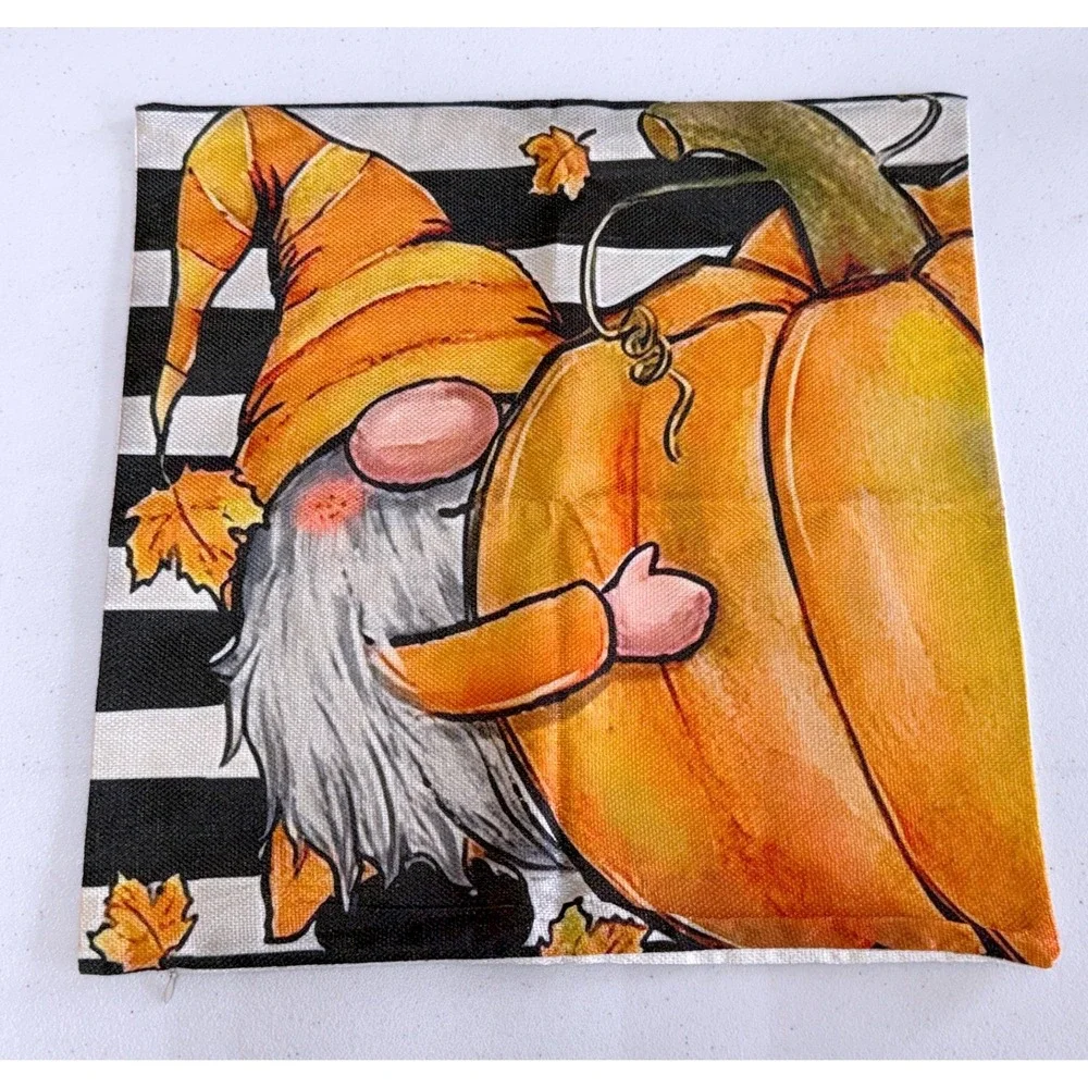 Fall Gnome Pumpkin Decorative Pillow Cover Harvest Autumn Decor Striped 18x18